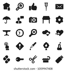 Flat vector icon set - clock vector, umbrella, cargo search, touchscreen, speaking man, finger up, heart pulse, flask, dropper, crutches, scissors, pills, tomography, cloud shield, gear, mail, key