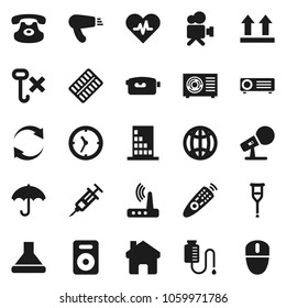 Flat vector icon set - clock vector, umbrella, top sign, no hook, microphone, video camera, remote control, classic phone, speaker, heart pulse, syringe, crutches, pills blister, drop counter, home