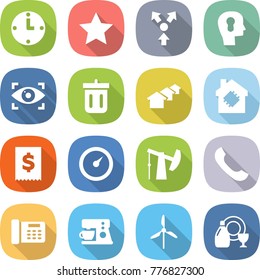 flat vector icon set - clock vector, star, core splitting, bulb head, eye identity, bin, houses, smart house, tax, barometer, oil pump, phone, office, coffee maker, windmill, dish cleanser