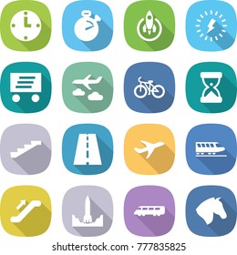 flat vector icon set - clock vector, stopwatch, rocket, lightning, delivery, journey, bike, sand, stairs, road, plane, train, escalator, start, speed, horse