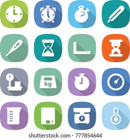 flat vector icon set - clock vector, alarm, stopwatch, medical thermometer, sand, ruler, warehouse scales, heavy, barometer, measuring cup, kitchen