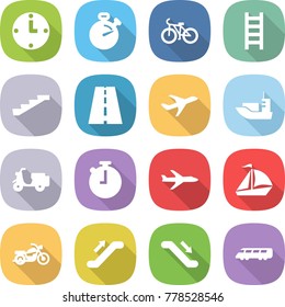 flat vector icon set - clock vector, stopwatch, bike, ladder, stairs, road, plane, sea shipping, scooter, sail boat, motorcycle, escalator, speed train