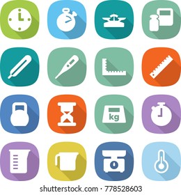 flat vector icon set - clock vector, stopwatch, scales, weight, medical thermometer, ruler, heavy, sand, measuring cup, kitchen