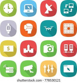 flat vector icon set - clock vector, notebook, satellite antenna, connect, smart watch, virtual mask, drone, cpu, receipt, castle, camera, server, surveillance, setup, browser window