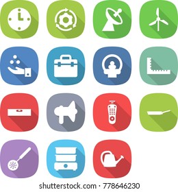 flat vector icon set - clock vector, around gear, satellite antenna, windmill, chemical industry, doctor bag, tomography, ruler, level, loudspeaker, remote control, pan, skimmer, double boiler