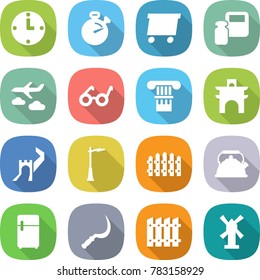 flat vector icon set - clock vector, stopwatch, delivery, scales weight, journey, pacemaker, column, arch, greate wall, outdoor light, fence, kettle, fridge, sickle, windmill