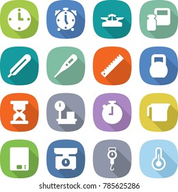 flat vector icon set - clock vector, alarm, scales, weight, medical thermometer, ruler, heavy, sand, warehouse, stopwatch, measuring cup, kitchen, handle