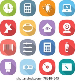 flat vector icon set - clock vector, calculator, chip, notebook, satellite antenna, smart bracelet, wireless home, web cam, bar code, equalizer, remote control, usb flash, projector, cd