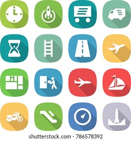 flat vector icon set - clock vector, rocket, delivery, sand, ladder, road, plane, consolidated cargo, courier, sail boat, motorcycle, escalator, barometer, start