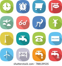 flat vector icon set - clock vector, alarm, delivery, shop signboard, journey, pacemaker, greate wall, windmill, outdoor light, water tap, phone, welcome mat, farm fence