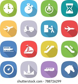 flat vector icon set - clock vector, stopwatch, rocket, sand, plane, scooter shipping, courier delivery, train, sail boat, escalator, barometer, start, speed, horse