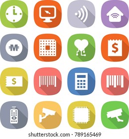 flat vector icon set - clock vector, monitor arrow, wireless, home, crypto currency, cpu, cardio chip, receipt, bar code, calculator, remote control, surveillance camera