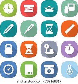 flat vector icon set - clock vector, market scales, weight, medical thermometer, sand, ruler, heavy, warehouse, stopwatch, barometer, kitchen