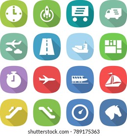flat vector icon set - clock vector, rocket, delivery, journey, road, sea shipping, consolidated cargo, stopwatch, plane, train, sail boat, escalator, barometer, horse