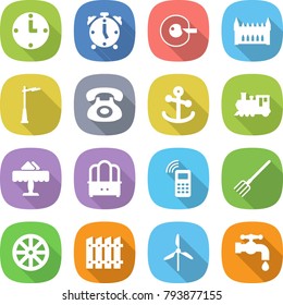 flat vector icon set - clock vector, alarm, cell corection, gothic architecture, outdoor light, phone, anchor, train, restaurant, dresser, mobile, fork, wheel, fence, windmill, water tap