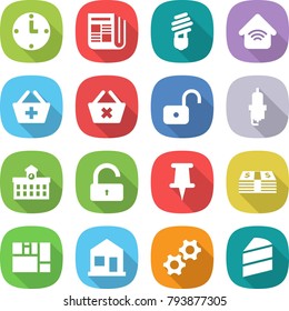 flat vector icon set - clock vector, newspaper, bulb, wireless home, add to basket, delete cart, unlock, spark plug, university, pin, money, consolidated cargo, gears, cake