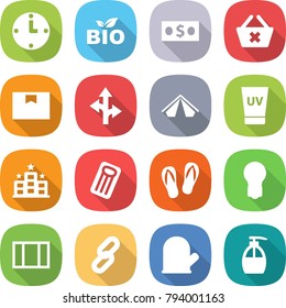 flat vector icon set - clock vector, bio, money, delete cart, package box, route, tent, uv cream, hotel, inflatable mattress, flip flops, bulb, window, link, cook glove, liquid soap