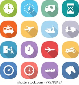 flat vector icon set - clock vector, lightning, delivery, sand, ambulance car, plane, sea shipping, scooter, courier, stopwatch, motorcycle, barometer, watch, speed train, horse