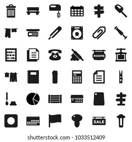 Flat vector icon set - clothespin vector, trash bin, drying clothes, toilet brush, cleaning agent, cook press, rolling pin, cutting board, mushroom, copybook, calculator, abacus, document, flag