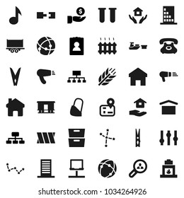 Flat vector icon set - clothespin vector, house hold, music, archive, constellation, investment, personal information, hierarchy, cereals, navigator, phone, truck trailer, port, dry cargo, settings