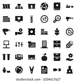 Flat vector icon set - clothespin vector, house hold, apple fruit, archive, investment, personal information, hierarchy, any currency, cereals, heart monitor, Railway carriage, port, settings, vial