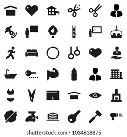 Flat vector icon set - clothespin vector, splotch, bath, meat hammer, cake, blackboard, manager, muscule hand, shorts, swimsuite, water bottle, hoop, gymnast rings, run, client, dry cargo, heart