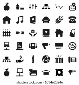 Flat vector icon set - clothespin vector, house hold, apple fruit, music, constellation, investment, hierarchy, any currency, cereals, heart monitor, navigator, phone, truck trailer, port, dry cargo