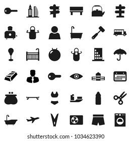 Flat vector icon set - clothespin vector, bath, kettle, apron, meat hammer, toaster, school building, scissors, bus, gold ingot, manager, punching bag, fitball, shorts, swimsuite, skateboard, plane