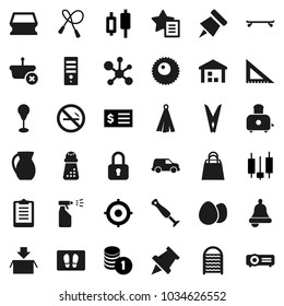 Flat vector icon set - clothespin vector, sponge, welcome mat, sprayer, washboard, towel, hand mill, toaster, jug, egg, corner ruler, bell, paper pin, molecule, japanese candle, coin stack, receipt