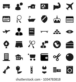 Flat vector icon set - clothespin vector, bath, cake, school building, scissors, wallet, manager, calendar, gold ingot, jump rope, fitball, muscule hand, shorts, swimsuite, skateboard, plane, tulip
