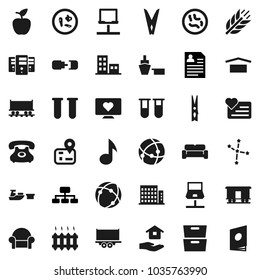 Flat vector icon set - clothespin vector, house hold, apple fruit, music, archive, constellation, personal information, hierarchy, cereals, heart monitor, navigator, Railway carriage, phone, port
