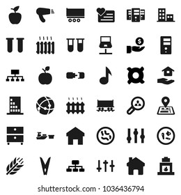 Flat vector icon set - clothespin vector, house hold, apple fruit, music, archive, investment, hierarchy, any currency, cereals, heart monitor, navigator, Railway carriage, truck trailer, port, vial