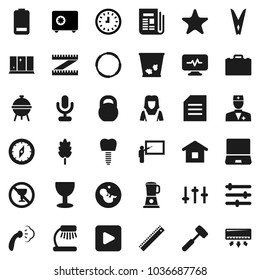 Flat vector icon set - clothespin vector, trash bin, steaming, shining window, cleaner woman, meat hammer, bbq, cereal, blackboard, ruler, case, table lamp, compass, document, clock, safe, measuring