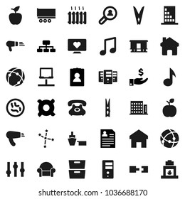 Flat vector icon set - clothespin vector, apple fruit, music, archive, constellation, investment, personal information, hierarchy, any currency, heart monitor, phone, truck trailer, port, settings