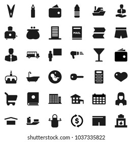 Flat vector icon set - clothespin vector, bath, cleaner woman, apron, grater, toaster, cake, blackboard, school bus, exchange, wallet, calendar, punching bag, shorts, water bottle, client, ship, key