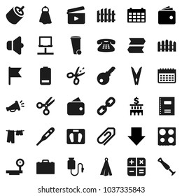 Flat vector icon set - clothespin vector, towel, trash bin, drying clothes, oven, copybook, case, scissors, flag, wallet, bank building, arrow down, calendar, scales, big, cinema clap, speaker, rca