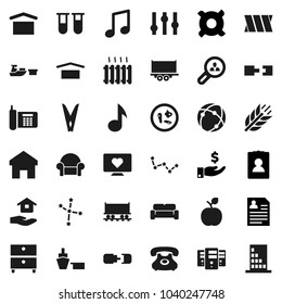 Flat vector icon set - clothespin vector, house hold, apple fruit, music, archive, constellation, investment, personal information, any currency, cereals, heart monitor, Railway carriage, phone