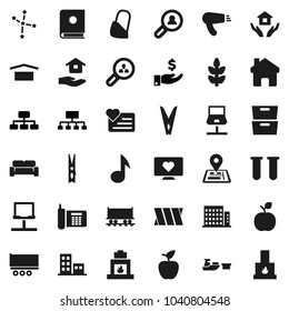 Flat vector icon set - clothespin vector, house hold, apple fruit, music, archive, constellation, investment, hierarchy, cereals, heart monitor, navigator, Railway carriage, phone, truck trailer