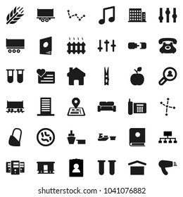 Flat vector icon set - clothespin vector, apple fruit, music, constellation, personal information, hierarchy, cereals, heart monitor, navigator, Railway carriage, phone, truck trailer, port, vial