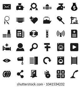 Flat vector icon set - clothespin vector, washboard, plates, kettle, mixer, school building, medal, money bag, jump rope, molecule, heart cross, music hit, newspaper, play button, eye, anamnesis