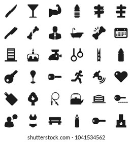 Flat vector icon set - clothespin vector, bath, kettle, knife, cutting board, cake, jump rope, punching bag, muscule hand, swimsuite, water bottle, gymnast rings, run, signpost, client, calendar