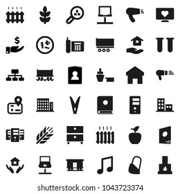 Flat vector icon set - clothespin vector, house hold, apple fruit, music, archive, investment, personal information, hierarchy, cereals, heart monitor, navigator, Railway carriage, phone, port, vial