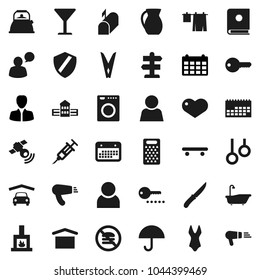 Flat vector icon set - clothespin vector, bath, drying clothes, kettle, knife, grater, jug, school building, manager, calendar, swimsuite, skateboard, no fastfood, gymnast rings, signpost, glass