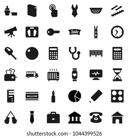 Flat vector icon set - clothespin vector, welcome mat, washing powder, colander, oven, oil, pencil, case, telescope, calculator, school bus, bank, pie graph, tie, scales, fitball, boxing glove, port