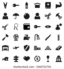 Flat vector icon set - clothespin vector, shower, knife, meat hammer, school building, scissors, exchange, gold ingot, wallet, jump rope, punching bag, fitball, muscule hand, water bottle, signpost