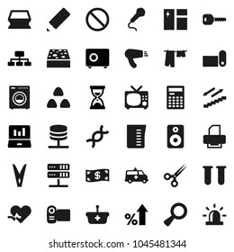 Flat vector icon set - clothespin vector, sponge, window cleaning, drying clothes, measuring cup, cereal, pencil, calculator, laptop graph, percent growth, sand clock, safe, hierarchy, stairways run