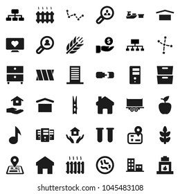 Flat vector icon set - clothespin vector, house hold, apple fruit, music, archive, constellation, investment, hierarchy, cereals, heart monitor, navigator, truck trailer, port, dry cargo, vial, home