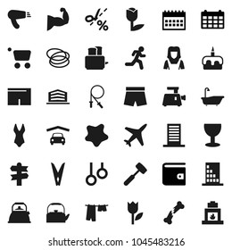 Flat vector icon set - clothespin vector, splotch, bath, drying clothes, cleaner woman, kettle, meat hammer, toaster, cake, wallet, calendar, jump rope, muscule hand, shorts, swimsuite, hoop, run