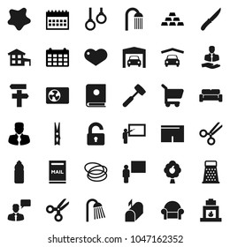 Flat vector icon set - clothespin vector, splotch, shower, knife, meat hammer, grater, blackboard, scissors, manager, calendar, gold ingot, shorts, water bottle, hoop, gymnast rings, client, heart