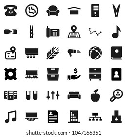 Flat vector icon set - clothespin vector, apple fruit, music, archive, constellation, investment, personal information, hierarchy, any currency, cereals, navigator, Railway carriage, phone, settings